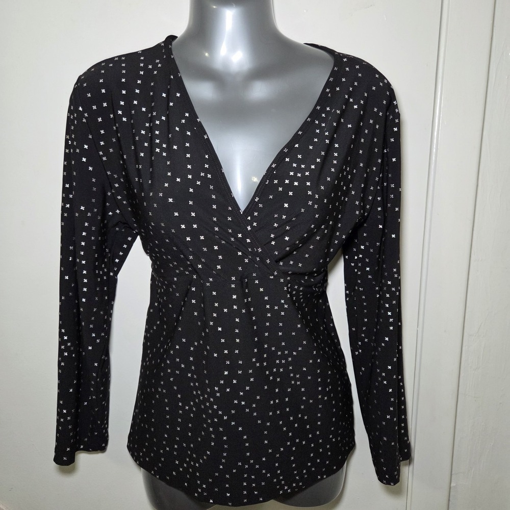 Black Cross Print Wrap‎ Top XL Stretch V Neck Long Sleeve Casual